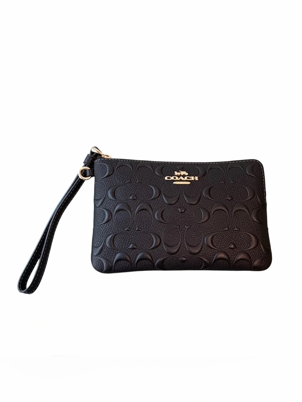 COACH Black Embossed Signature Corner Zip Wristlet with Charm - Picture 3 of 5